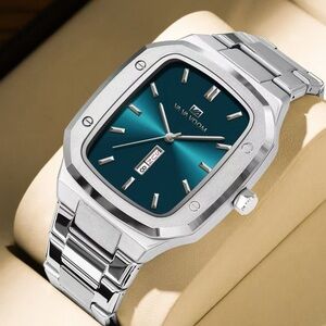 Men's Silver Stainless Steel Watch with Teal Dial